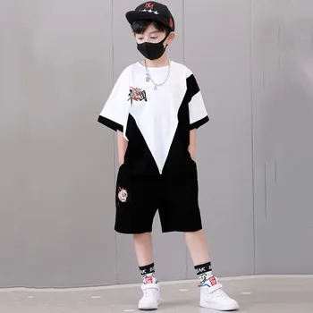 Комплекты летней одежды для мальчиков, черно-белая футболка и шорты в стиле пэчворк, костюмы из 2 предметов, детская одежда, одежда для подростков