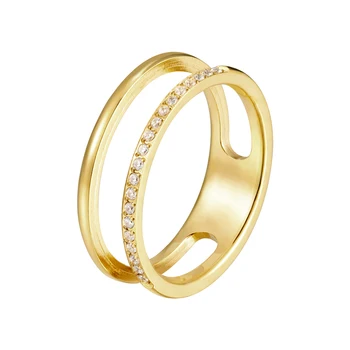 Красивое полое двухслойное инкрустированное кольцо с 21 цирконом для женщин, подарок на любовь, ювелирные изделия из нержавеющей стали золотого цвета