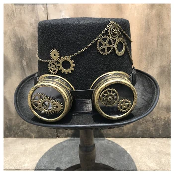 Мужская Женская ретро Шляпа ручной работы в стиле стимпанк с шестеренчатыми очками Stage Magic Hat Размер цилиндра 57 см Шляпа в стиле стимпанк