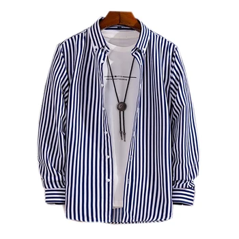 Мужская повседневная рубашка в полоску темно-синего цвета в корейском стиле, весна-лето, с длинным рукавом, 100% полиэстер TPR03