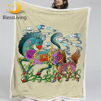 Одеяло из шерпы BlessLiving Horse, льняное одеяло с цветком пиона, Традиционное одеяло на заказ, Разноцветные плюшевые покрывала с цветочными листьями,