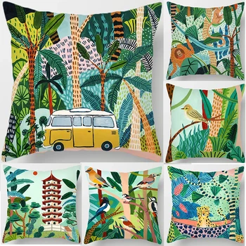 Подушки с животными и лесом, Наволочка, Тропическая пальма, цветок, богемная подушка, Декоративная Наволочка для дивана