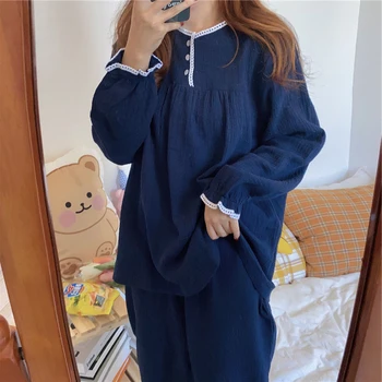 Свободная пижама из двух частей темно-синего цвета Корейская версия пижамы new пижама женская свободная повседневная домашняя одежда простой ночной костюм